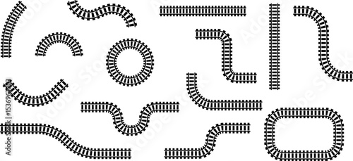 Railway train track vector route. Rail line, subway map, and railroad elements for game UI and graphic design icon set easy to edit. Rail pattern round circular curve railroad path icon