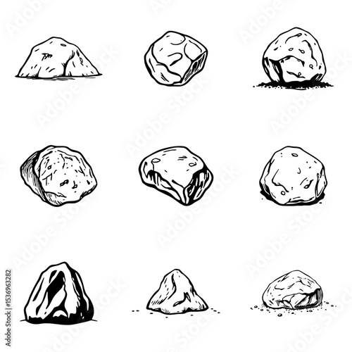 Set of nine unique hand drawn stone illustrations with distinct textures and organic shapes on white background