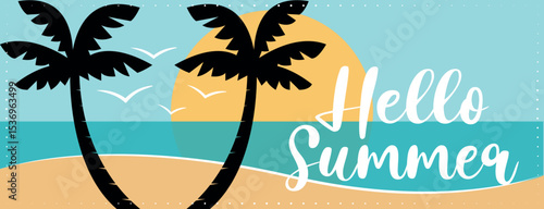 Colorful hello summer vacation banner with palm trees on the beach. Hand drawn vector illustration.