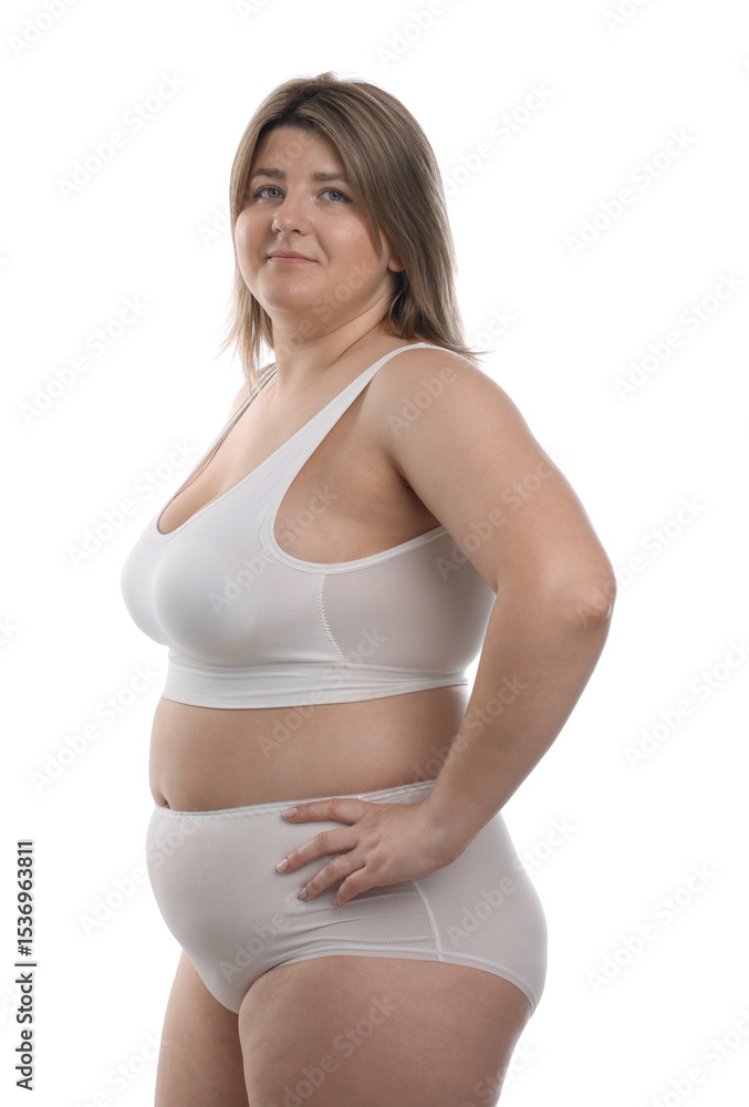 Weight loss. Plus size woman in underwear on white background Weight loss. Plus size woman in underwear on white background
