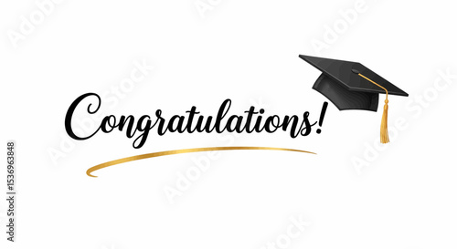 This high-quality image features the word "Congratulations!" in black with a decorative line outlined in gold and a black graduation cap with a gold tassel, suitable for vector use.