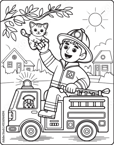 Coloring page for kids, Cute firefighter works rescuing a cat vector line art illustration for coloring book