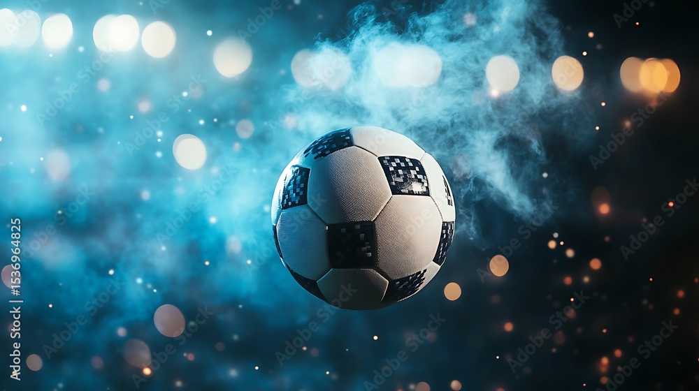 Naklejka premium Soccer ball on the field of stadium with lights and smoke.