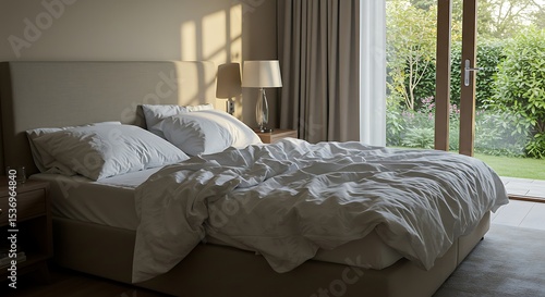 A serene and inviting bedroom is bathed in the warm, golden glow of morning sunlight.