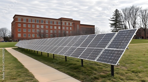 Solar Panel Array on Green Lawn Near Brick Building