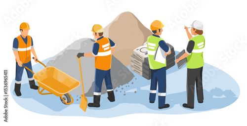 Construction supervisors inspecting material delivery while workers handle cement sand and equipment at construction site in isometric illustration