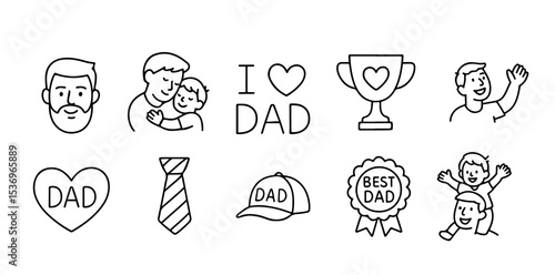 Celebrate Father's Day with this heartfelt vector illustration set featuring icons of dad appreciation, family love, and fatherhood joy. Perfect for cards, gifts, and festive designs.