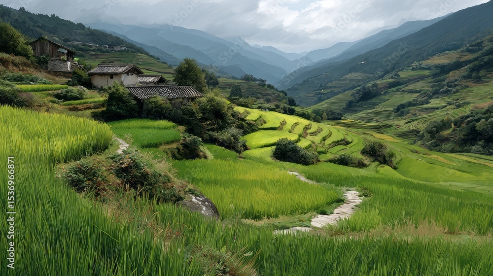 Naklejka premium Serene Asian Rice Terraces Lush Green Fields Mountain Village Houses Tranquil Landscape Breathtaking Scenery Picturesque View Stunning Nature Rural Idyllic Peaceful Harmony Beautiful Agricultural