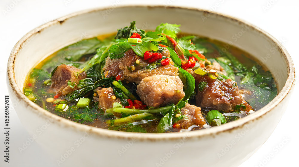 Fiery Simmering Soup With Fresh Herbs and Red Chili Peppers in a Rustic Bowl Fiery Simmering Soup With Fresh Herbs and Red Chili Peppers in a Rustic Bowl