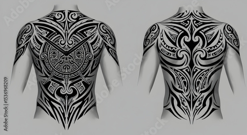 Intricate and Ornate Back Tattoos in Black Ink Displaying Tribal Art Styles