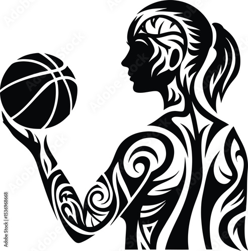 Tribal tattoo style woman basketball player silhouette isolated on white background