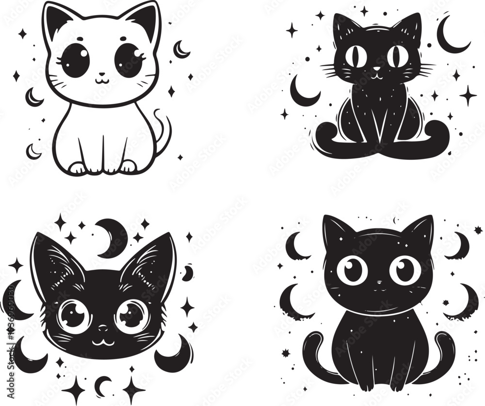 Fototapeta premium Mystical Moon and Cat Silhouette Vector Set