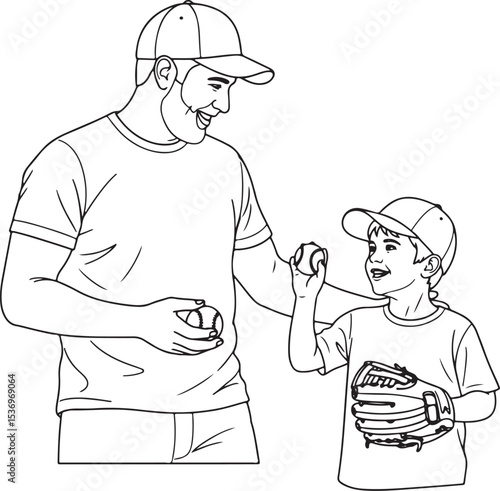 A vector image of a father and son sharing a moment while playing catch with baseball.