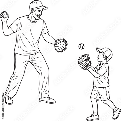 A vector image, isolated on a white background, featuring a father and son engaged in a game of catch with baseballs.