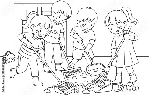 A vector line art illustration depicting a group of children engaged in a collaborative cleaning effort.