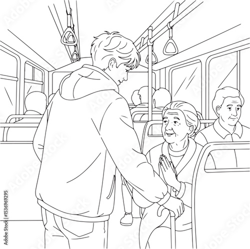 A vector line art illustration depicting a person offering their seat on a crowded bus to an elderly woman
