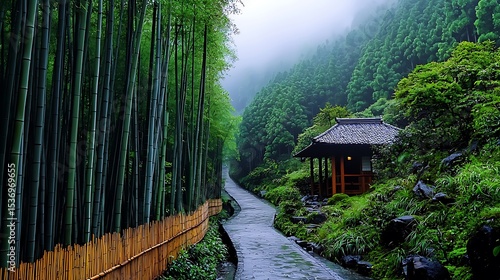 Serene Bamboo Forest Path Leading to a Tranquil Japanese Tea House on a Misty Day