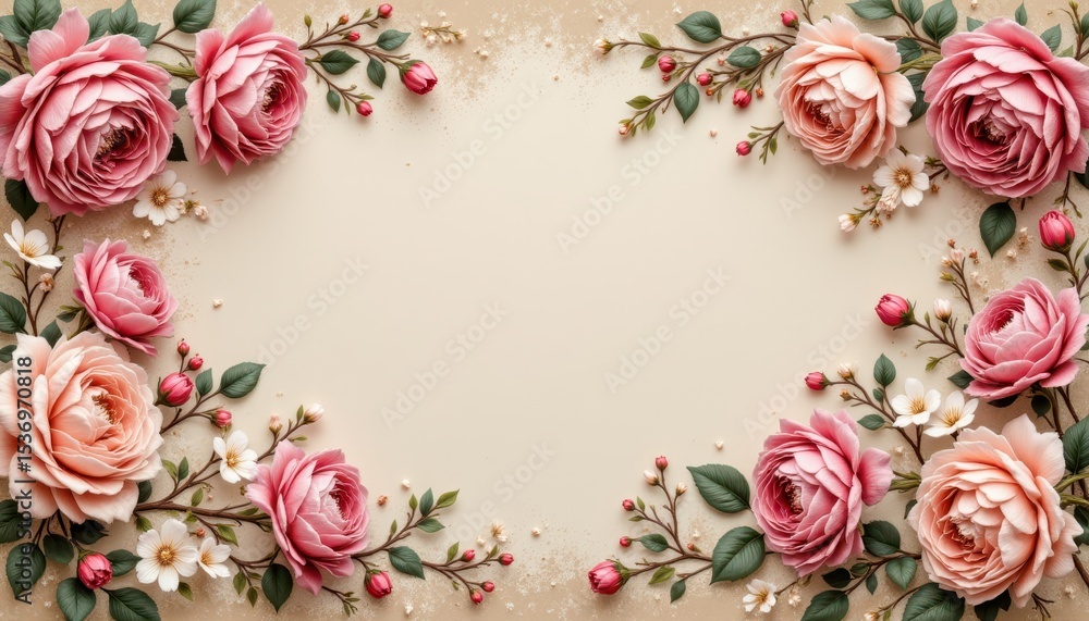 Beautiful floral frame with pink roses and green leaves for elegant decoration Beautiful floral frame with pink roses and green leaves for elegant decoration