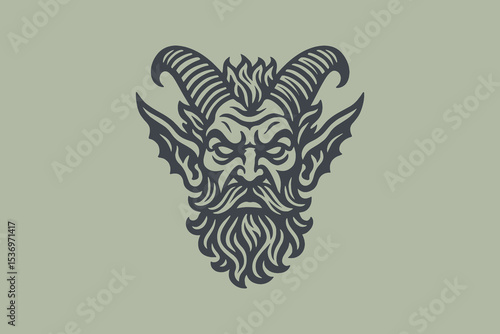 Satyr head with horns, vintage engraving style vector illustration. logo, emblem

