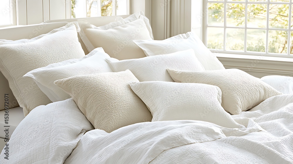 Obraz premium Luxurious White and Cream Textured Bedding Set for a Serene Bedroom Soft Cotton Pillows and Comforter