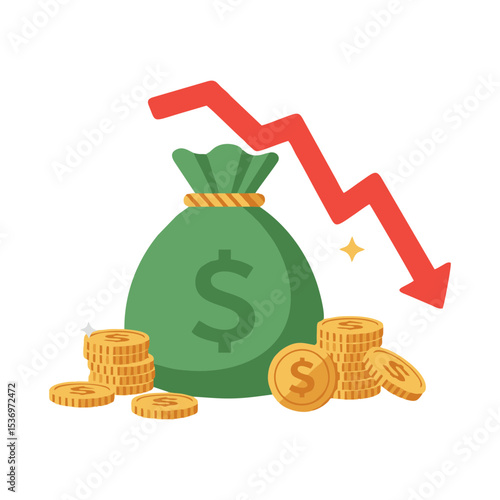 Market downturn with coin stacks and money bag