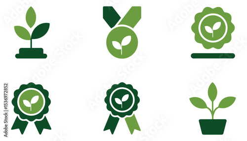 A set of green eco leaf icons symbolizing nature, recycling, and environmental design elements