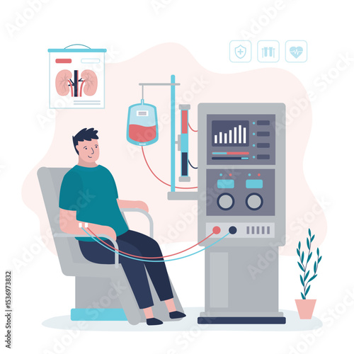 Sick man sitting in chair on hemodialysis therapy. Hemodialysis equipment machine for treatment renal diseases failure.
