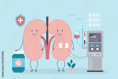 Sick kidneys, funny mascot character on hemodialysis therapy. Hemodialysis machine for treatment renal diseases failure.