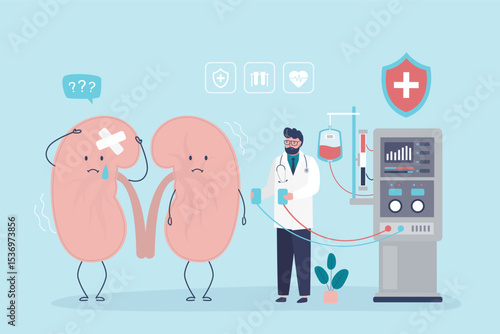 Sick kidneys, unhappy mascot character before hemodialysis therapy. Doctor with hemodialysis machine for treatment renal diseases failure.
