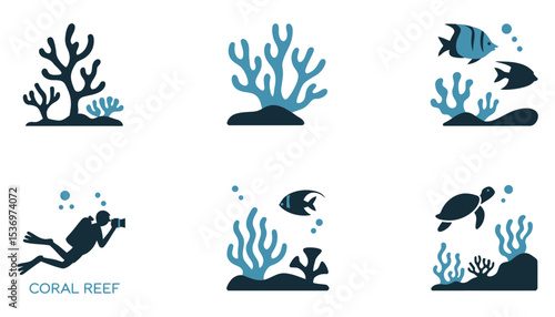 Set of vector icons: ocean wave, boat, and bird symbols for nature and sport design illustrations