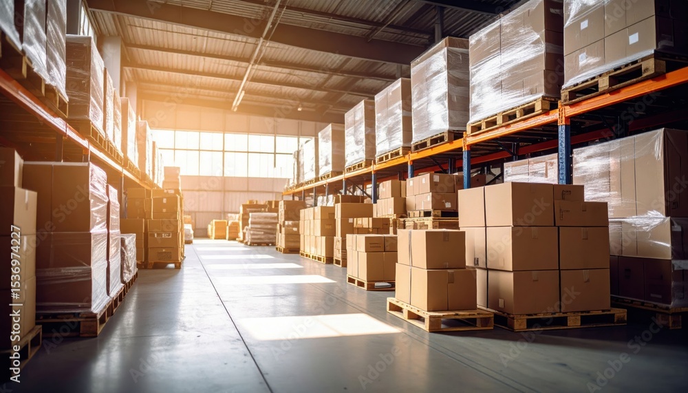 A spacious warehouse filled with stacked pallets and boxes, illuminated by natural sunlight streaming through large windows. A spacious warehouse filled with stacked pallets and boxes, illuminated by natural sunlight streaming through large windows.