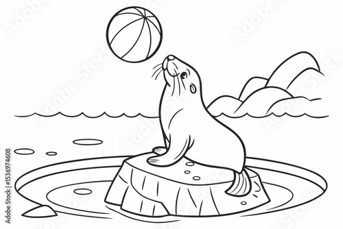 coloring page for kids, a happy sea lion balancing a ball on its nose, on a rock in the middle of a pool, thick outlines, black and white, no shading