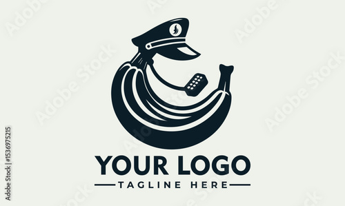 A stylized banana wearing a police officer's cap, holding a ticket book, forms a circular logo design.