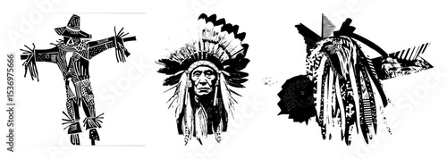 Vector Native American Headdresses and Figure Set