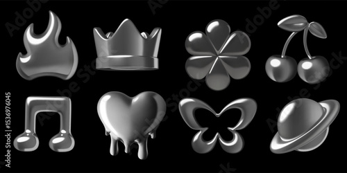3d metal y2k emoji stickers set. Chrome vector futuristic design elements on black background including crown, heart, flame, flower, cherry, butterfly, planet and music notes.