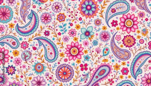 Colorful paisley pattern with intricate floral designs, a vibrant textile art
