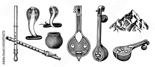Vector Illustrative collection of traditional musical instruments a cobra and mountainous landscape.