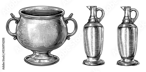 Vector Antique vessels including a cauldron and two amphorae are depicted in a vintage engraving style.