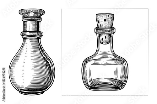 Vector Vintage glass bottles with decorative stoppers are displayed side-by-side.