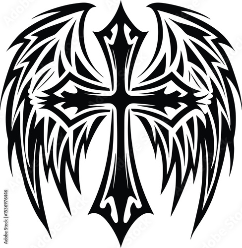 Tribal cross with wings design isolated on white background