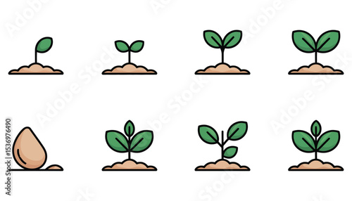 Vector set of green plant icons: illustrations of leaves, trees, sprouts, and seedlings symbolizing nature, growth, and ecology