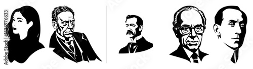 Vector Dramatic monochrome portraits of distinguished individuals in a stylized vector .