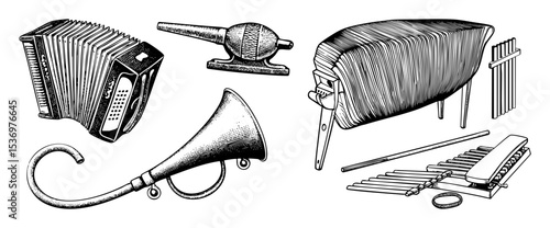 Vector Vintage musical instruments collection including accordion horn and percussion.