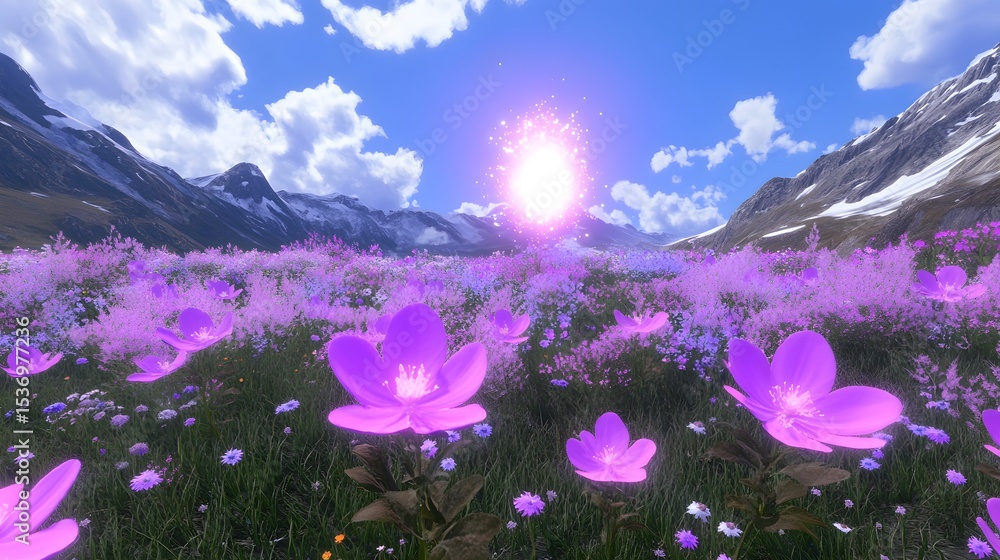 Fototapeta premium Vibrant Purple Flowers Meadow Mountain Landscape
