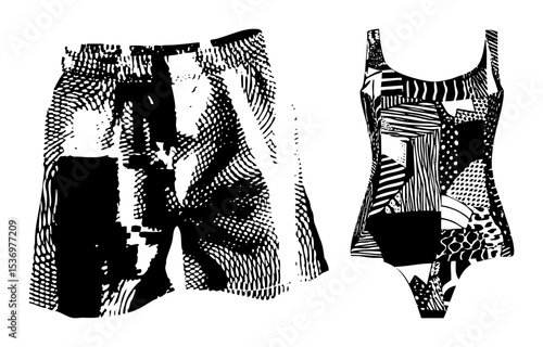 Vector Swimwear set featuring shorts and a one-piece swimsuit.