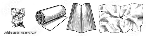 Vector Four fabric arrangements showcase diverse draping styles in a vintage engraving style.