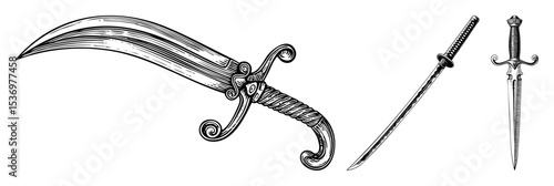 Vector Vintage curved blade weapon and slender rapier illustrations.