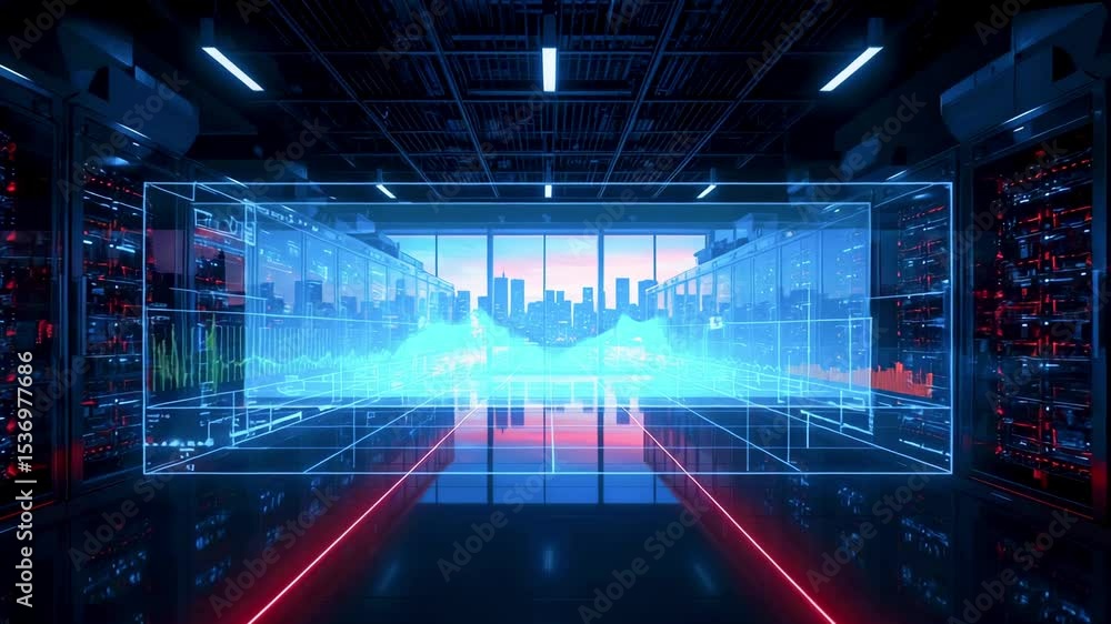 Futuristic data center with glowing holographic displays and city skyline at sunset in background Futuristic data center with glowing holographic displays and city skyline at sunset in background