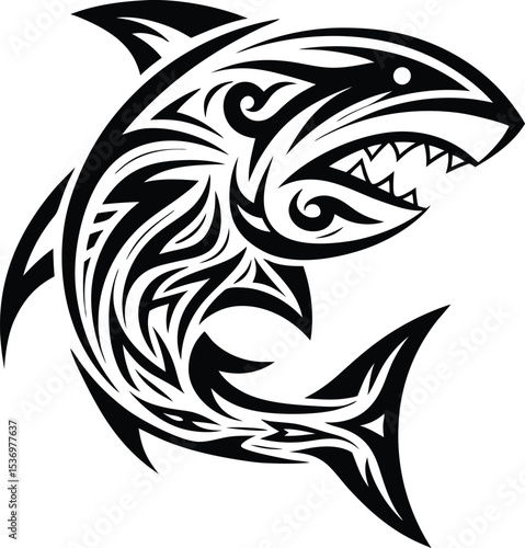 Tribal shark tattoo design illustration isolated on white background
