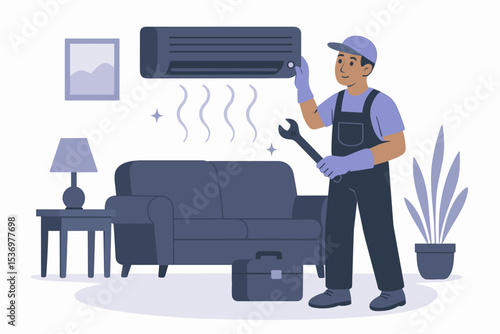 Flat style vector illustration of a male maintenance technician cleaning and repairing a wall-mounted air conditioner at home.